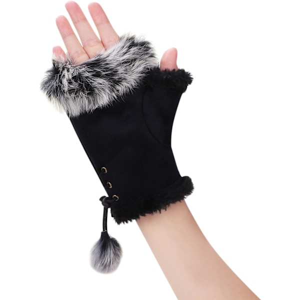Vinterhandskar för kvinnor i konstläder med halva fingrar, modevarma fingerlösa vantar, fleecefodrade, varmare handledsvantar, pekskärm, tjocka vantar Black