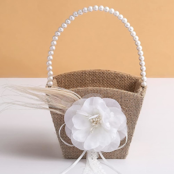 Rustik blomsterpigekurv Jutekurv med perlehåndtag til vintage bryllupsceremoni