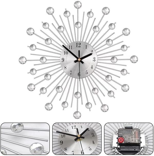Crystal Diamond Wall Clock Modern Wall Clock Flower Wall Clock Silent Metal Clock for Home Wall Art Decoration (50cm Silver)