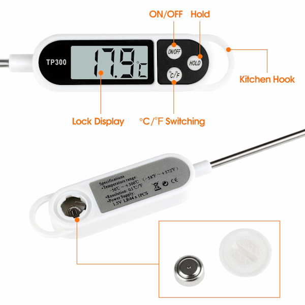 Digital kökstermometer för matlagning, med stor LCD-skärm, ℉/℃-knapp för varma drycker, kött, grill, BBQ, sylt, vatten (Batteri ingår)