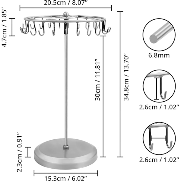 SIlverfärgad Metallroterande Smyckesställ Displayställ (23 Krokar) - H34,8 x B20,5 cm / 13,70 x 8,07 Tum - Hängande Organiserande Tornställ - Förvaring för Silver