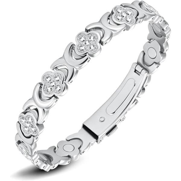 Magnetiskt armband i titanstål för kvinnor, lyckoklöverblad damer magnetiskt armband med uppgraderat fällbart spänne, justerbart armband med storleksverktyg CloverCryst-al
