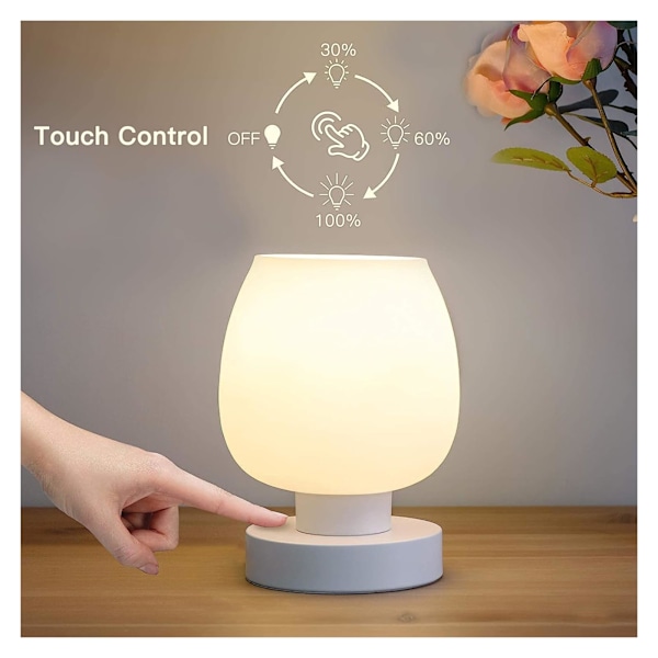 Touch Bedside Lampe - Moderne Lille Lampe til Soveværelse, Stue, Natbord, Skrivebord med Hvid Glas Skærm, Dæmpbar, Enkel Design, Gave