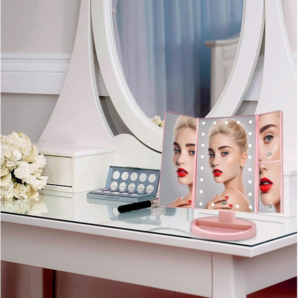 Lighted Makeup Mirror med 2X/3X forstørrelse, 21 LED-lys, dobbelt strømforsyning, justerbar lysstyrke og vinkel (Pink) Pink