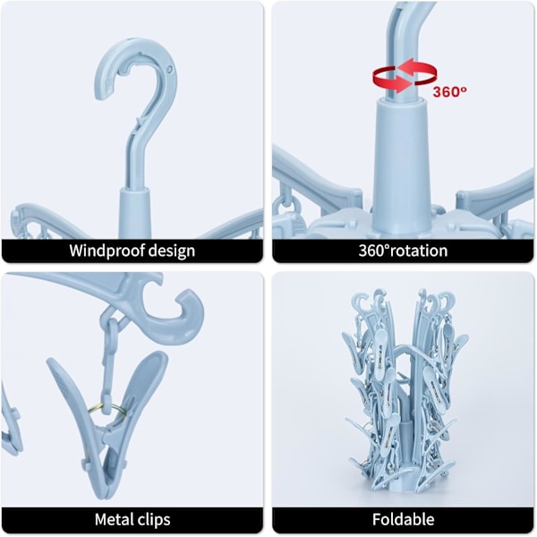 Sammenleggbar klesstativ, 24 klesklyper, roterende tørkestativ for sokker, klesklype for vaskesnor, hengende klesstativ Blue
