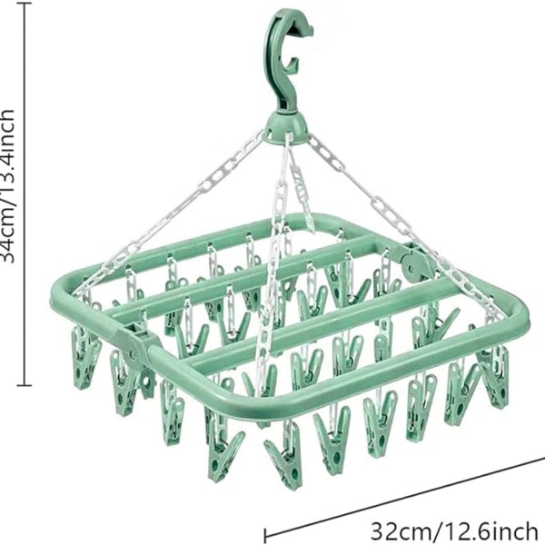 Tøj tørrestativ med 32 klemmer og drypbart sammenklappeligt ophæng (Lysegrøn) Green