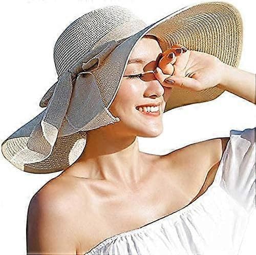 1 stk. Foldbar Floppy Bredskygget Solhat i Halm til Kvinder Sommer Strandhat UV UPF 50+ Beige
