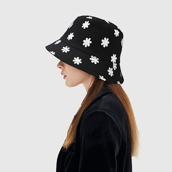 Söpö ämpärihattu rannan kalastajille naisille, kääntyvä kaksisuuntainen käyttö Flower Black