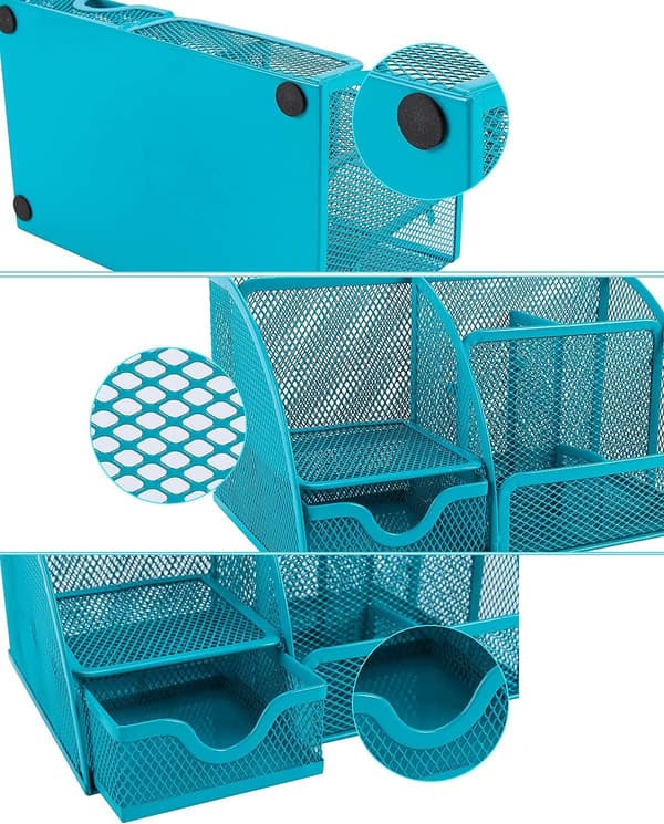 Kontorsnätbordstätare mångsidig skrivbordsförvaring skrivbordsarrangör pennhållare med låda, turkos Turquoise