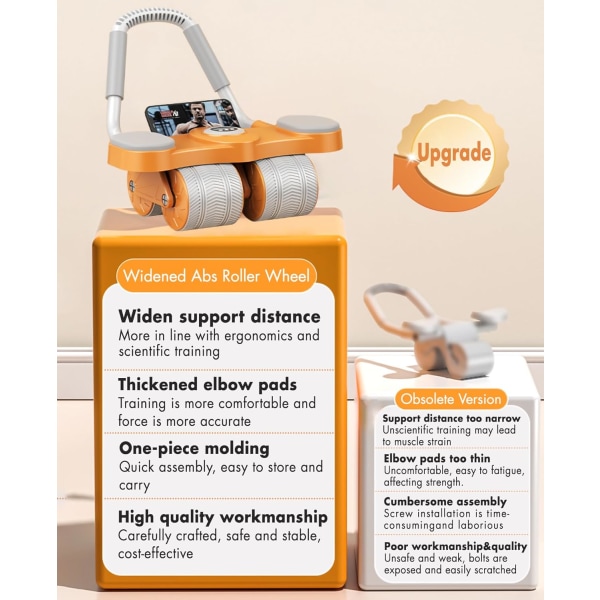 Abs Roller Wheel med timer, magövningsrulle armbågsstöd core träningsutrustning, automatisk rebound magmuskelhjul med knämatta för F Orange