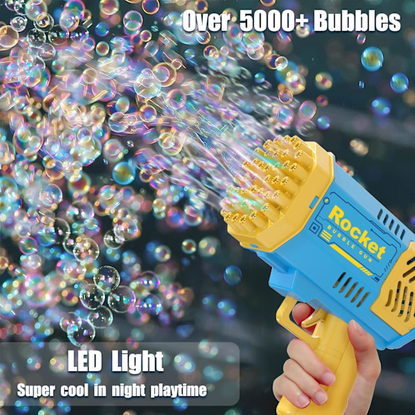 Bubbelmaskin för barn, 40 hål Bazooka bubbelpistolmaskin 4 belysning med 2 bubbellösningar, 5000+ bubblor per minut Bubbelmaskin Utomhusleksaker för G
