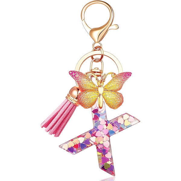 Nyckelringar i form av initialer för kvinnor Tassel Butterfly Pink Purple Cute Car Keyring för plånbok Handväskor Ryggsäck A-Z Pink X