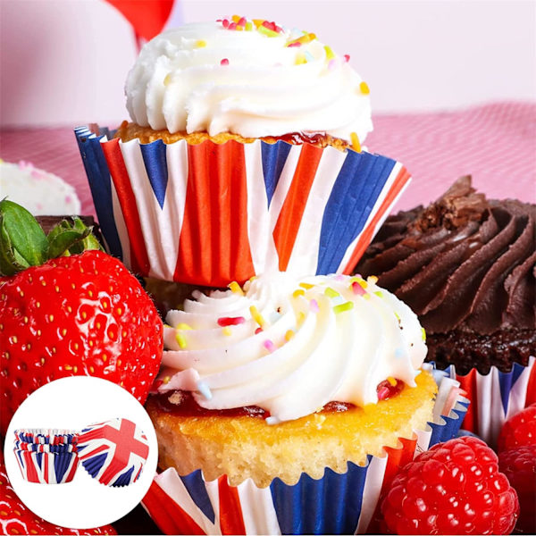 e Blå Union Jack Cupcake Cases, 100 stk. Mini Kings Coronation Bagekopper, Små Papir Muffinskopper Cupcake Liners Muffin Cases til King Charles Coro Auk