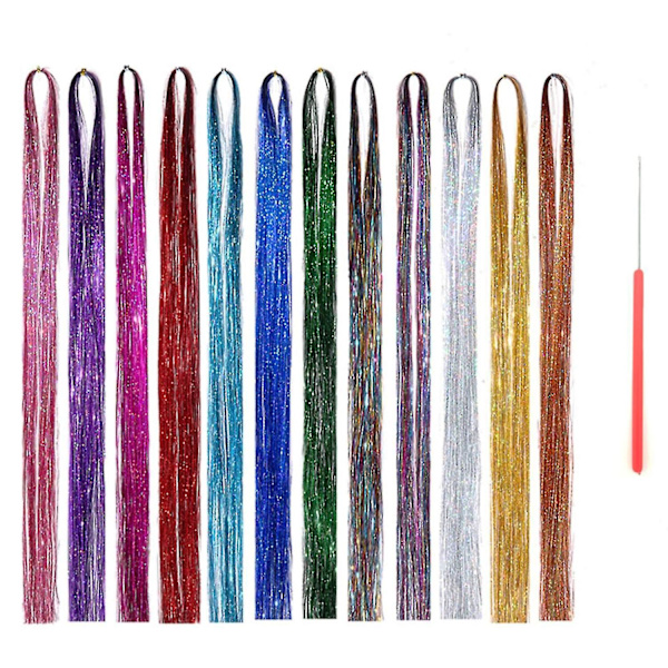 12 väriä tinsel-hiustenpidennykset, kimaltelevat, kiiltävät, värikkäät synteettiset hiukset naisille ja tytöille