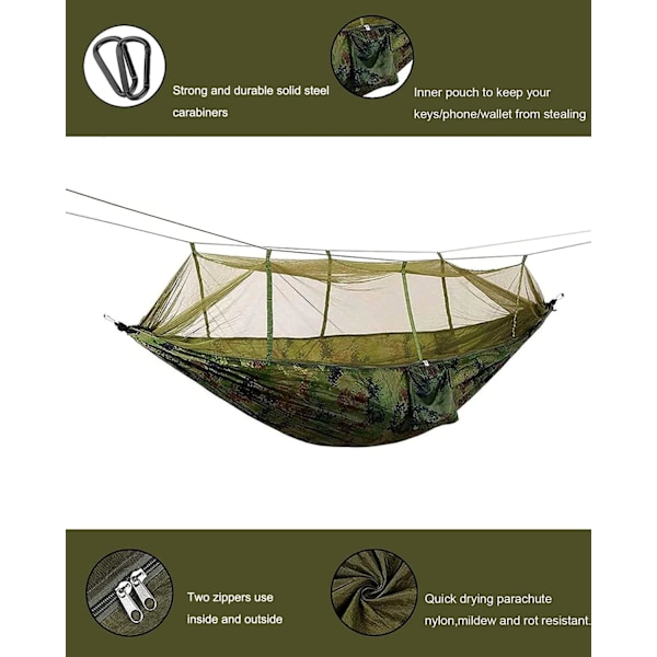 Campinghängmatta med myggnät - Ultralätt, hållbar dubbel/enkel resehängmatta 210T fallskärmsnylon med trädremmar 300 kg kapacitet Camo