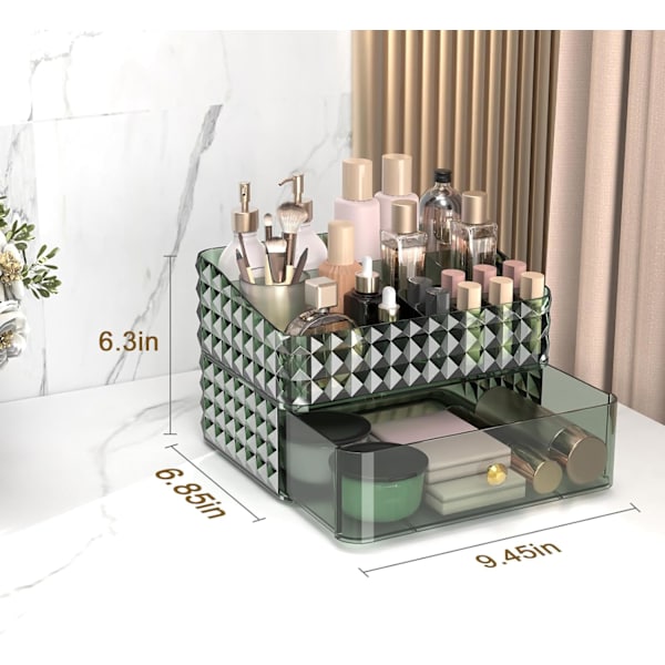 Makeup Organizer til Kommode, Stabelbar Kosmetik Organizer og Opbevaring (Grøn, 1 Skuffe + 1 Bakke) Green 6.85*9.45*6.3"