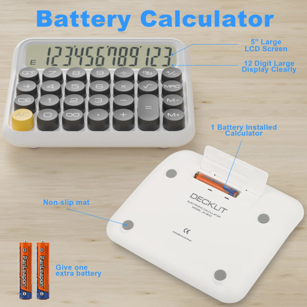 Mekanisk miniräknare 12-siffrig extra stor 5-tums LCD-skärm, batterikalkylator, stora knappar lätt att trycka på, vit
