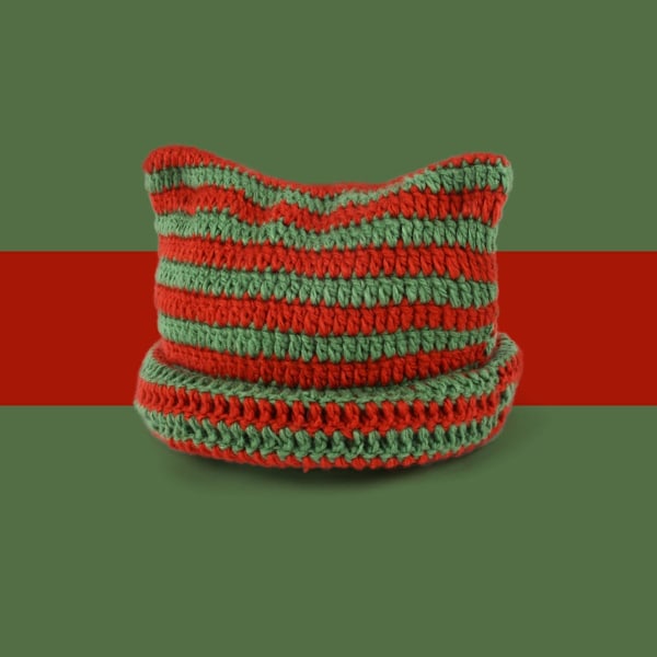 Dam Cat Beanie Stickade Hattar Med Öron Stickade Randiga Vinter Varma Slouchy Elastisk Mössa För Flickor Vuxna Barn Red green One size
