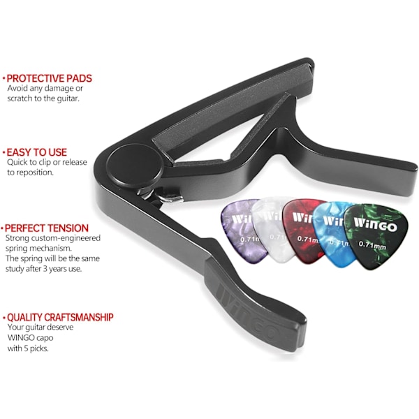 Guitar Capo til Akustiske og Elektriske Guitarer med 5 Picks Gratis, Sort Black