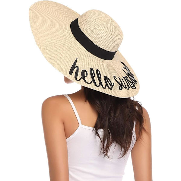 Dam bredbrättad halmhatt Floppy hopfällbar rulla upp keps strand solhatt UPF 50+ Style Fhello Sunshine Beige