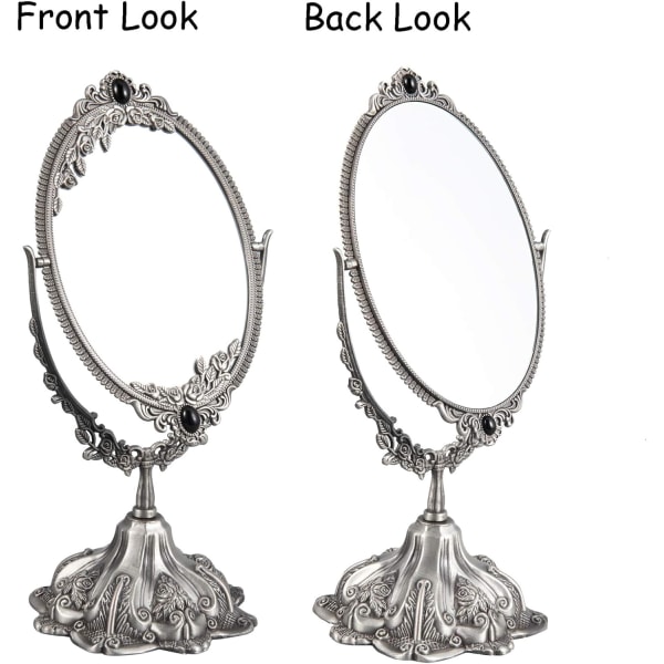 Vintage makeup spejl ovalt blomstret bordspejl dobbeltsidet roterende makeupspejl med stativ til toiletbord soveværelse (lille) Pewter