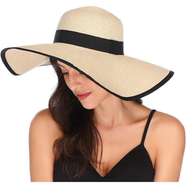 Damhatt i Halm med Bred Brätte, Vikbar, Rullbar, Strandhatt, Solhatt, UPF 50+ Style Cbeige