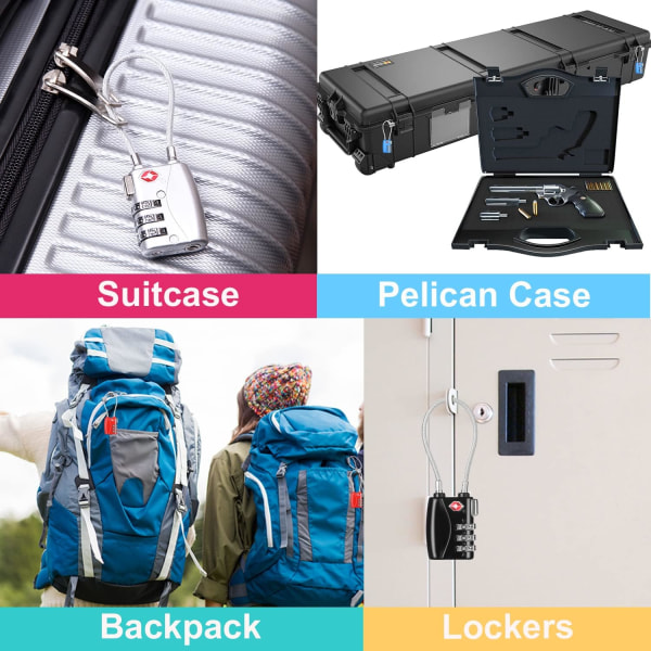 Kuffertlås, TSA-godkendte bagagelåse til rejser, 3-cifret kombineret hængelås til rygsække, kufferter, Gym Lokers, Teltlås med Kabel 5.5i 2p, Black & Sliver