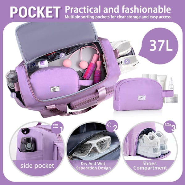 Sports- og træningstaske til kvinder og mænd med skorum, weekendrejsetaske, overnatningstaske til kvinder, sammenklappelig vandafvisende hospitalstaske Plum Purple (With Toiletry Bag)