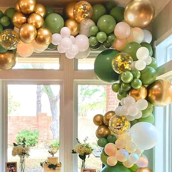 Salviagrön ballonggirlang bågset, 152 delar olivgrön ballongbåge set med vita latexballonger guld metalliska latexballonger för pojkar flickor baby