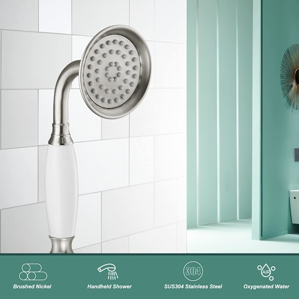 Handhållen dusch Handhållen duschspray Badrum duschstav Högtryckslyx Handdusch Mässing Högflödes handduschhuvud, Keramisk stil, Borstad Brushed Nickel Ceramic Style