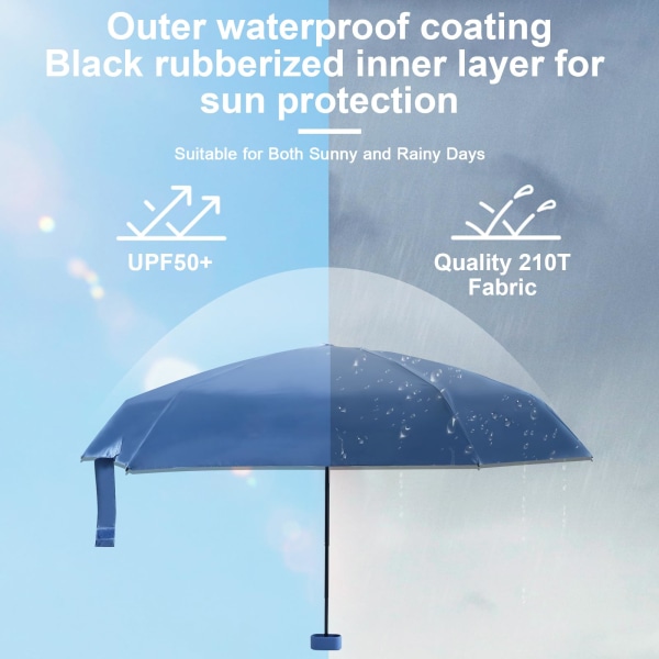 Mini sammenklappelig rejseparaply, kompakt paraply, vindtæt stærk, 6 ribben bærbar anti-UV paraply med kapseletui, blå