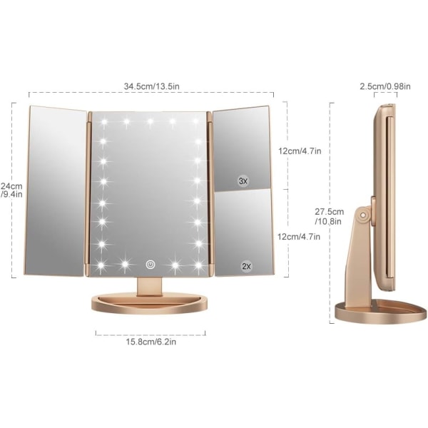 Tri-Fold Makeup Spejl med 2X/3X Forstørrelse 21 LED'er, 2 Strømforsyningstilstand, Touch Switch Bordplade Kosmetisk Spejl (Guld) Gold