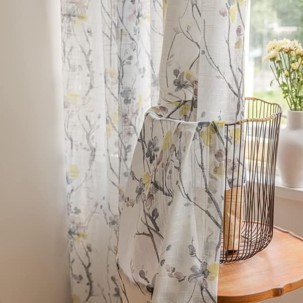 Gule Blomster Halvgennemsigtige Gardiner Linned Tekstur til Stue 213 cm Lange 2 Paneler Stanglomme Tryk Sort Grå Blade Lys