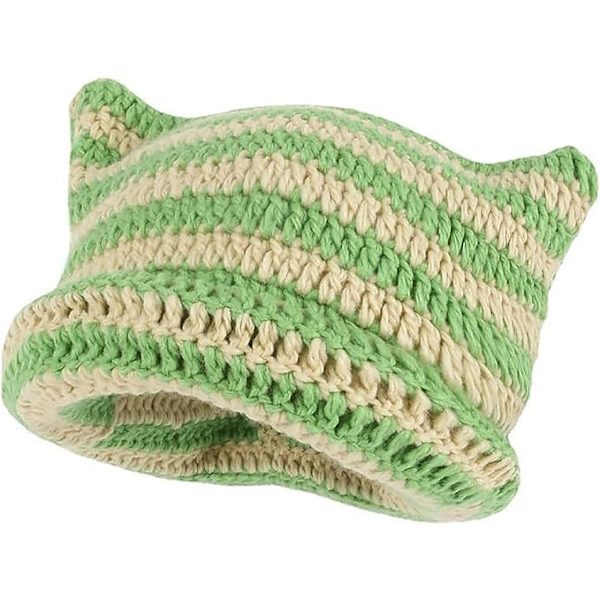 Dam Cat Beanie Stickade Hattar Med Öron Stickade Randiga Vinter Varma Slouchy Elastisk Mössa För Flickor Vuxna Barn green khaki One size