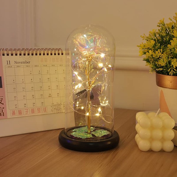 Galaxy Ros i Glas med LED-ljus, Färgglad Rosblomma Gåva för Alla hjärtans dag Bröllopsdag (Färgglad)