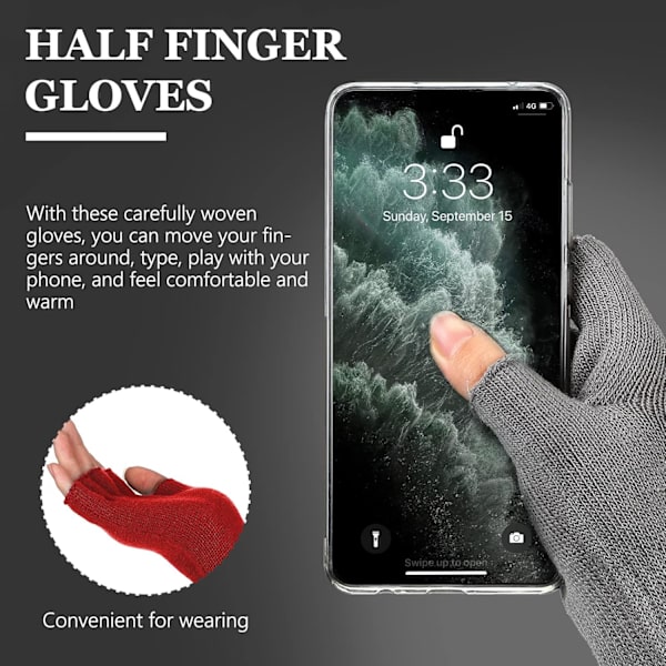 2 Par Vinters Fingerløse Handsker Lange Termiske Strikket Vanter Strækbare Strikket Armvarmere Halvfinger Handsker til Mænd Kvinder, 11 Tommer Light Gray, Red