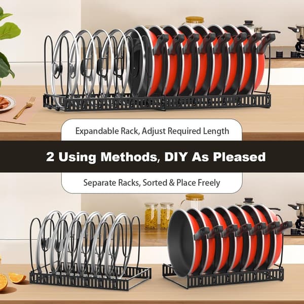 Pot and Pan Organizer for Kitchen Drawer, Lid Organizer with 14 Adjustable Compartments, Black