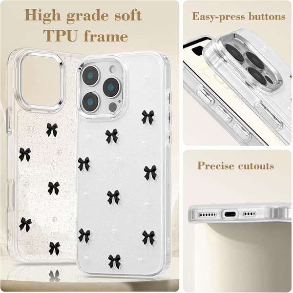 Case for iPhone 16 Pro Max, Bling Glitter 3D Bow Phone Case Cute Sparkly Crystal Clear Bow Slim Soft Durable Protective Cover Black