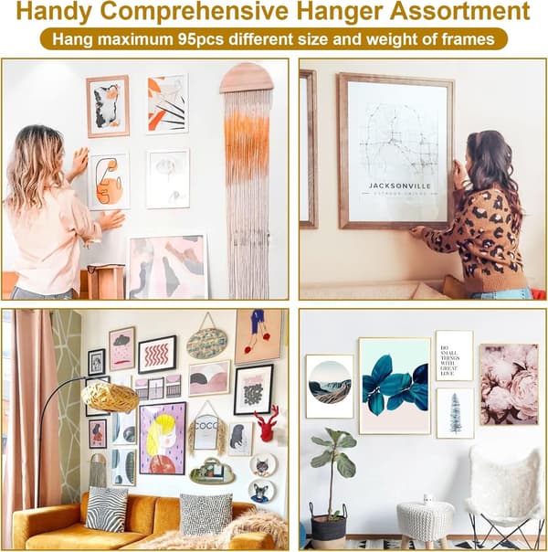 372 Pcs Picture Hooks for Frames with Hangers, Nails, Wire, Mini Level Frames Mirrors Canvas, Heavy Duty Drywall-75lbs