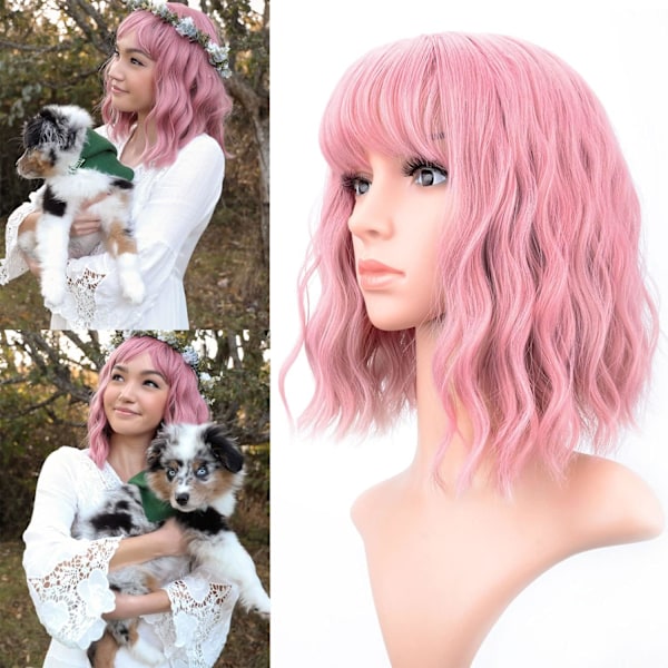 Pastellfärgad vågig peruk med luftig lugg, kort bob lila rosa peruk för kvinnor, lockig vågig axellång syntetisk cosplay färgglad peruk (12\", Lila Rosa)