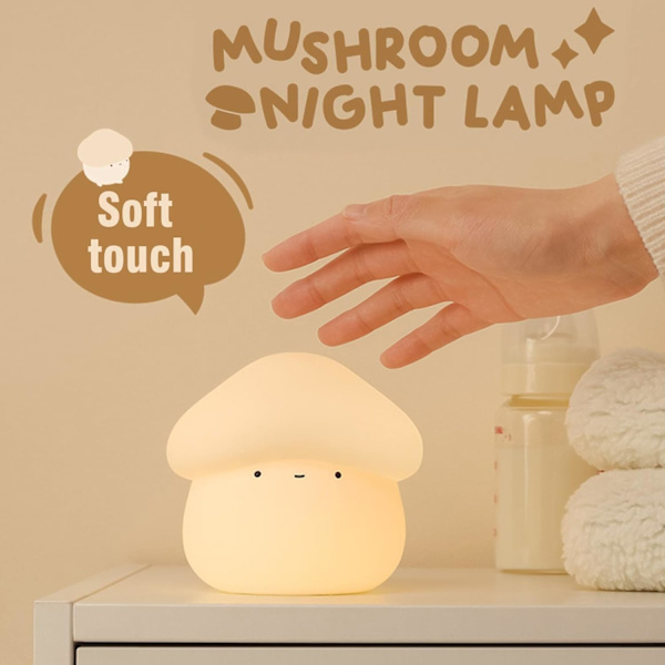 Silikon nattlys for barn, USB-oppladbart lys, bordlampe til soverom, timer, leselys, dekorasjon, gave (soppform).