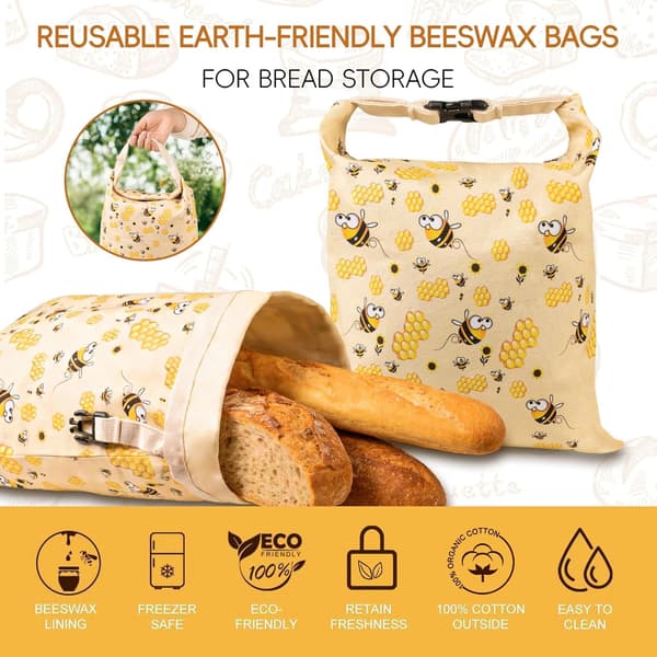 Set of 2 Beeswax Bread Bags for Dough, Reusable Cotton Linen Storage Bags, Bee Pattern