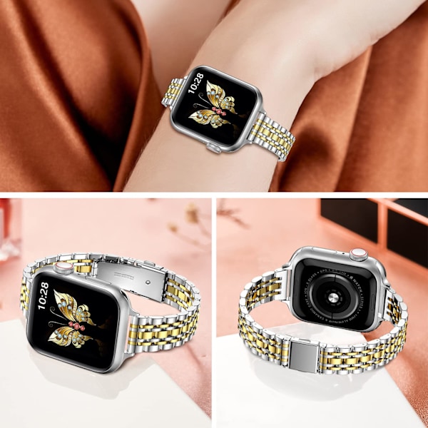 Ultratunt metallarmband kompatibelt med Apple Watch-armband 42mm (Series 10) 41mm 40mm 38mm, elegant länkarmband i rostfritt stål (Silver/Guld) 38/40/41mm