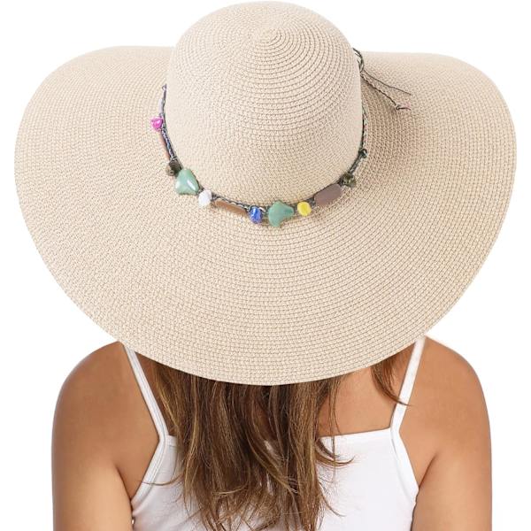 Dam bredbrättad stråhatt, vikbar solhatt med UPF 50+ Rainbow Beadbeige