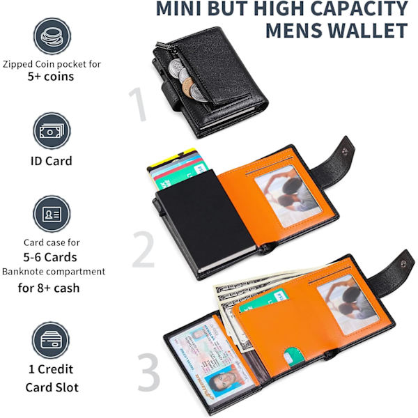 Kredittkortholder RFID-blokkering Minimalistisk Trifold Herre Lommebøker Automatisk Pop Up Metallveske med ID-vinduer og glidelåslomme Black With Orange