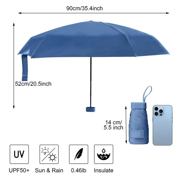 Mini taittuva matkasateenvarjo, kompakti sateenvarjo tuulenpitävä, vahva, 6 kylkeä kannettava anti-UV-sateenvarjo case, sininen