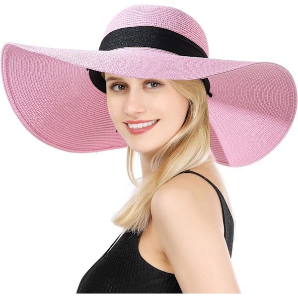 Damhatt i Halm med Bred Brätte, Floppy, Vikbar, Strandhatt, Solhatt, UPF 50+ Bowknotpink