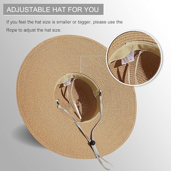 Damhatt i Halm med Bred Brätte, Vikbar, Rullbar, Strandhatt, Solhatt, UPF 50+ Style Bkhaki