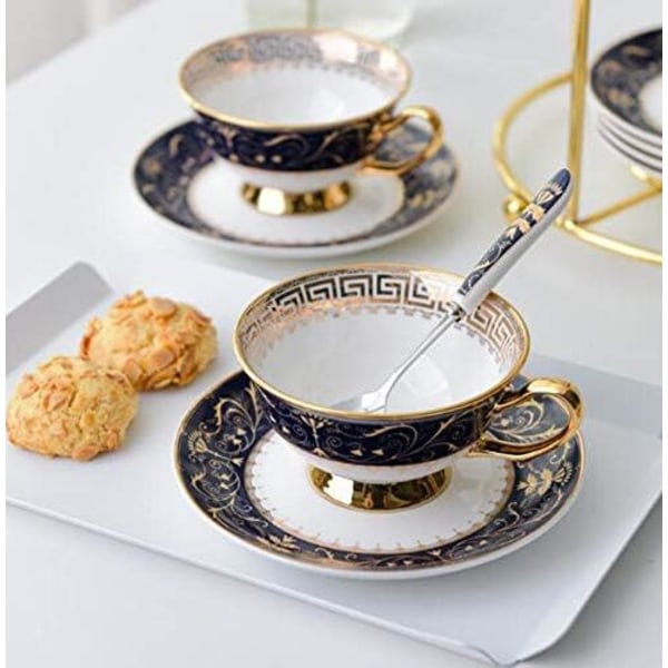 YBK Tech Euro Style Bone China Kop & Underkop Sæt, Keramisk Te Kaffe Kop til Hjem Køkken Bryllup (Royal Mønster - Dyb Blå) Royal Pattern Deep Blue