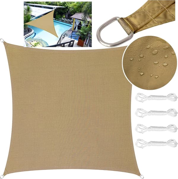 Rectangular Triangular Sun Sail made of PES Polyester, Waterproof, with UV Protection and Fastening Rope (2 x 2 m, Sand Color)